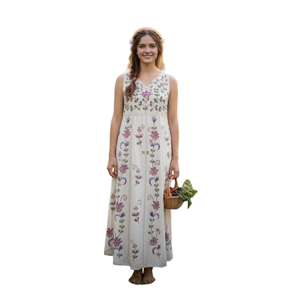 VTG 80s Painted Floral Embroidered Rayon Maxi Dress Romantic Boho Cottagecore M